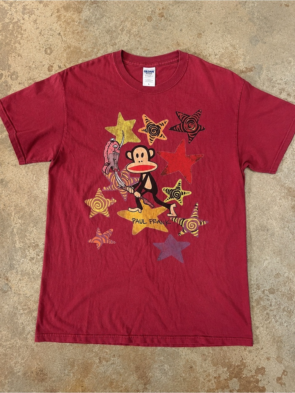 Gildan 5000 Red Paul Frank Monkey Graphic Tee with Multicolor Stars, Y2K Size L